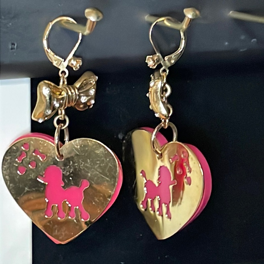 Vintage Betsey Johnson, pink poodle heart earrings